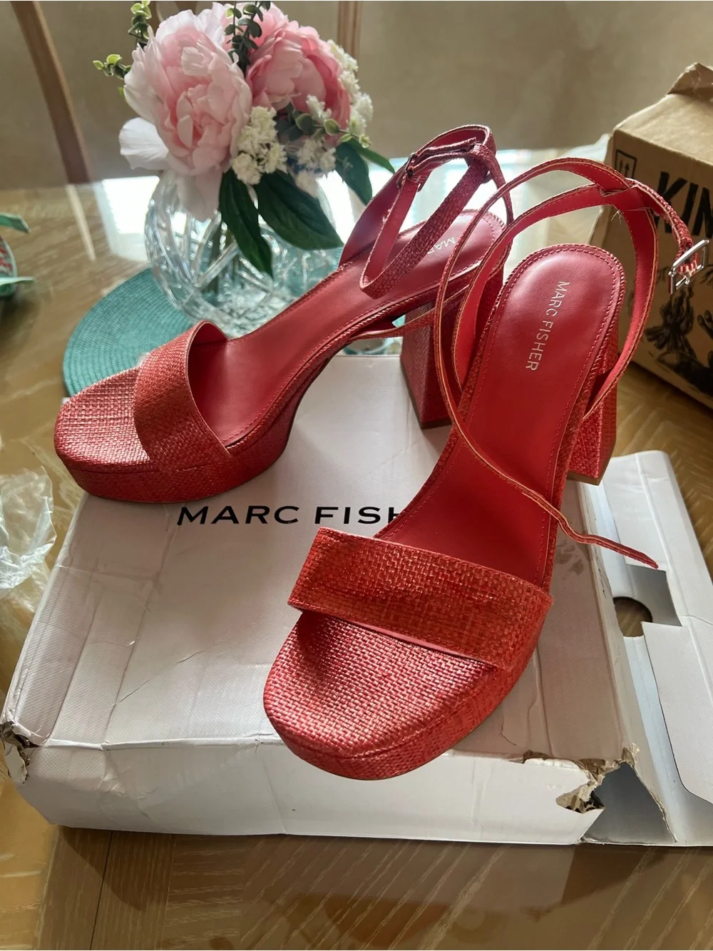 Marc Fisher Textured Coral Platform Block Heel Sandal